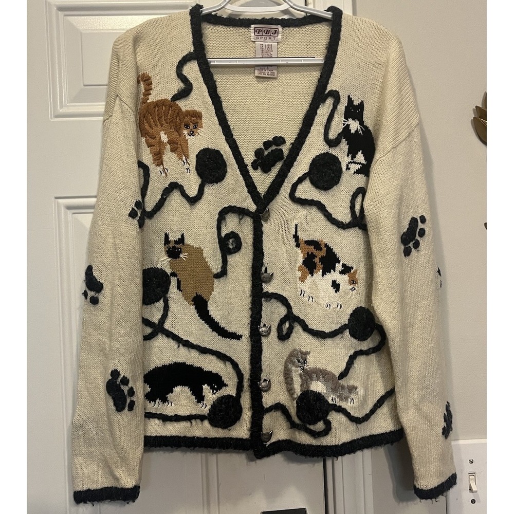 Vtg 90s PBJ Sport Cat Cardigan Sweater Cream Ramie Wool Knit Metal Buttons S
